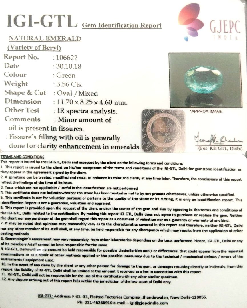 3.55/CT Natural Emerald Stone With Govt. Lab Certificate (12210)
