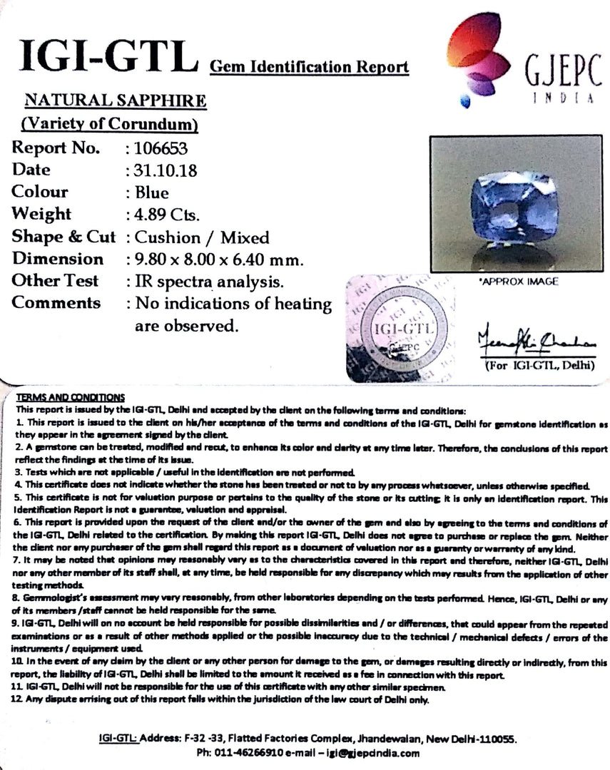 4.89/CT Natural Blue Sapphire With Govt Lab Certificate-BLUSA9A