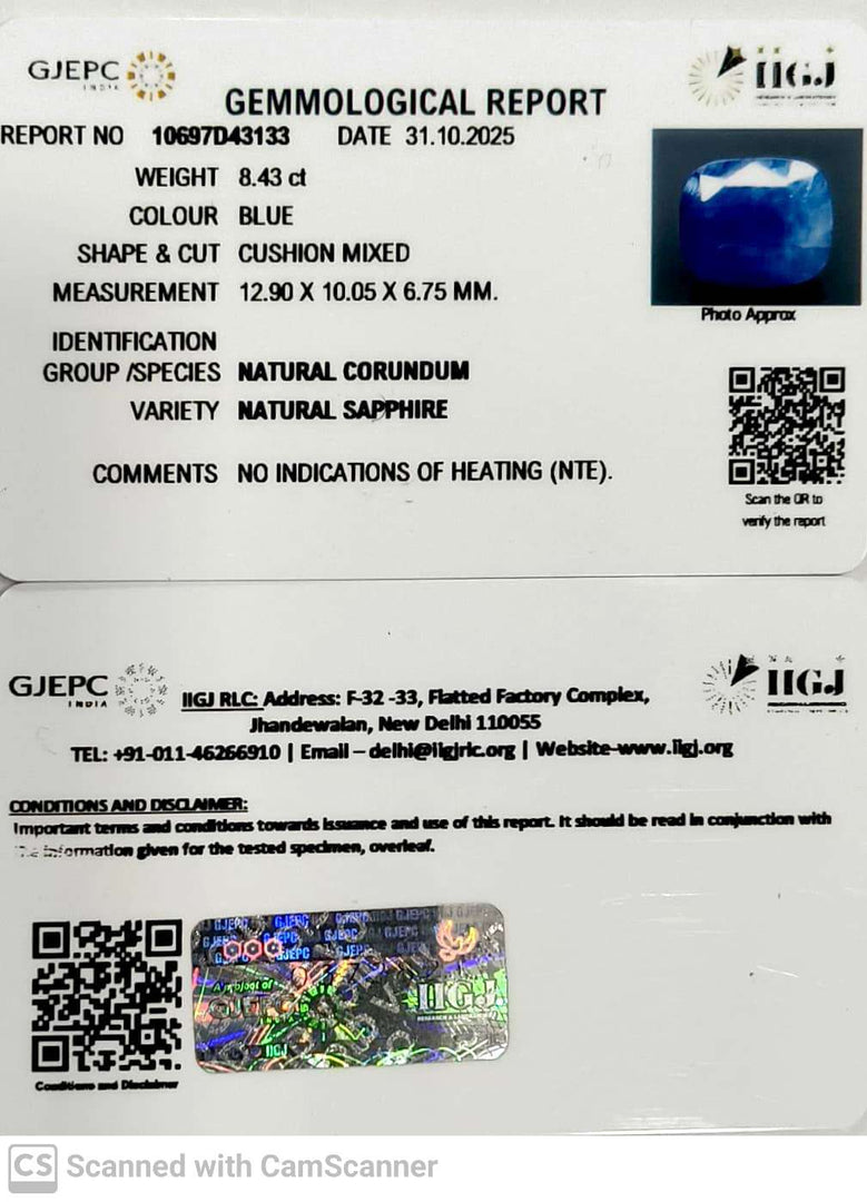 8.43/CT Natural Blue Sapphire with Govt Lab Certificate (4551)