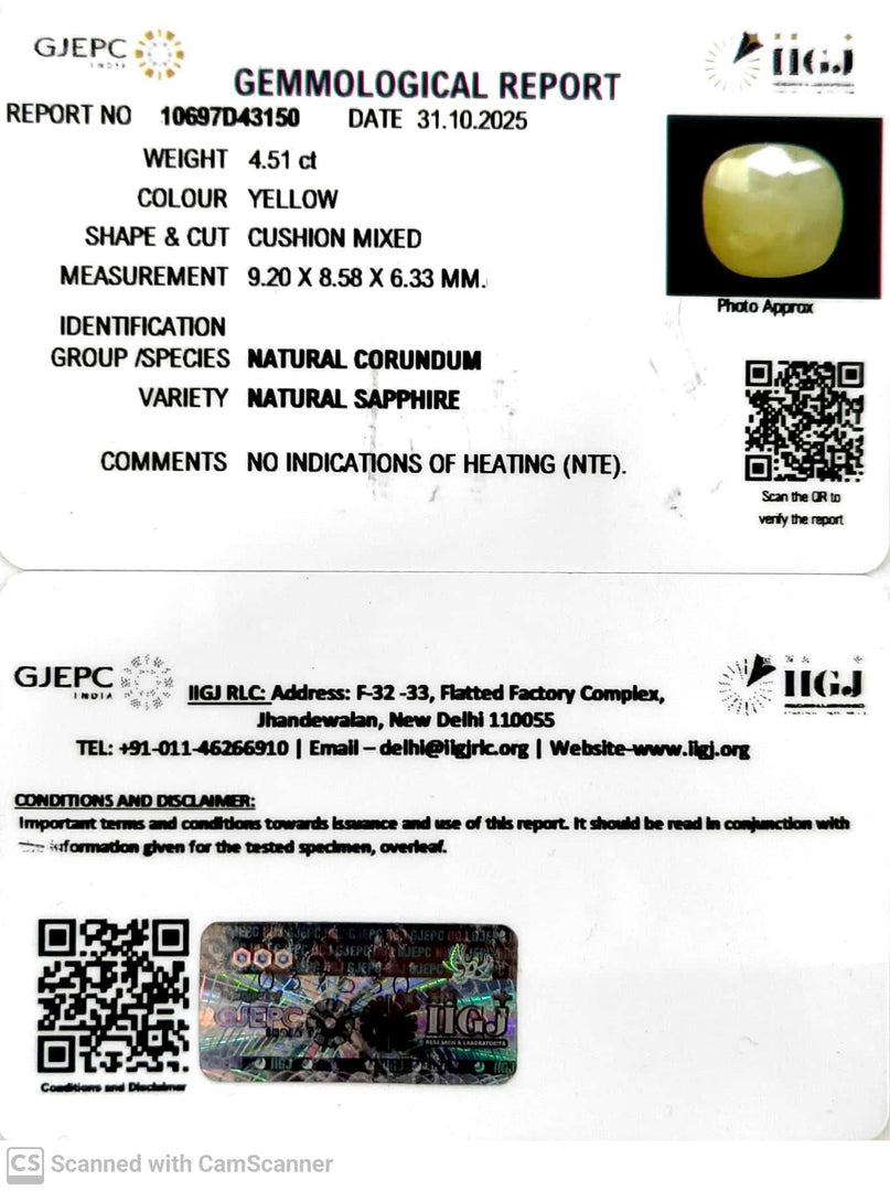 4.51/CT Natural Yellow Sapphire With Govt Lab Certificate (4551)