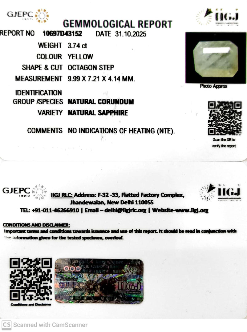 3.74/CT Natural Yellow Sapphire With Govt Lab Certificate (6771)