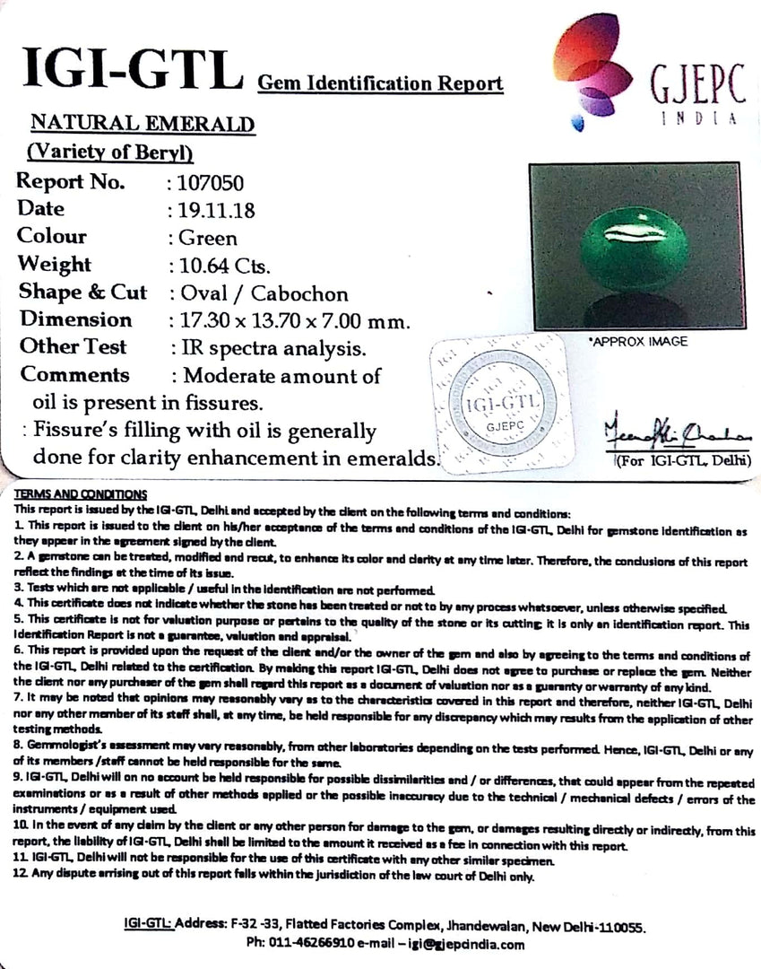 11.82 Ratti Natural Panna Stone With Govt. Lab Certificate (2331)