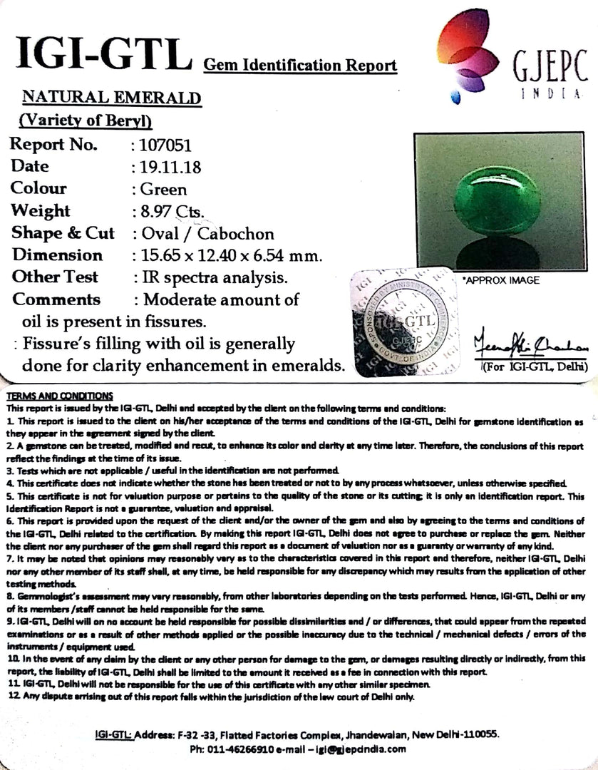 9.97 Ratti Natural Panna Stone With Govt. Lab Certificate (3441)