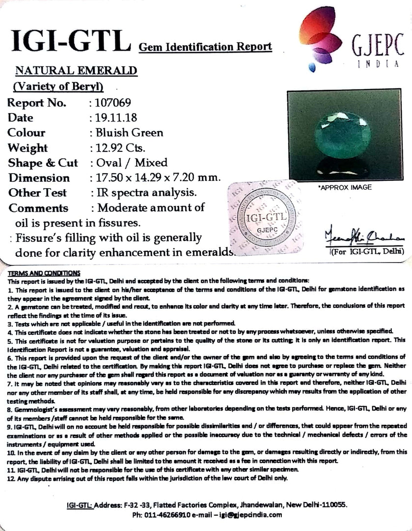 14.36 Ratti Natural ZAMBIAN Panna Stone With Govt. Lab Certificate (3441)