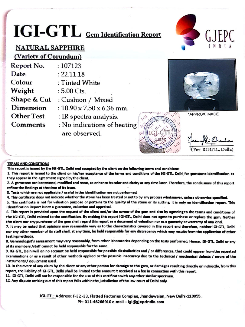 5.00/CT Natural White Sapphire with Govt Lab Certificate-107123