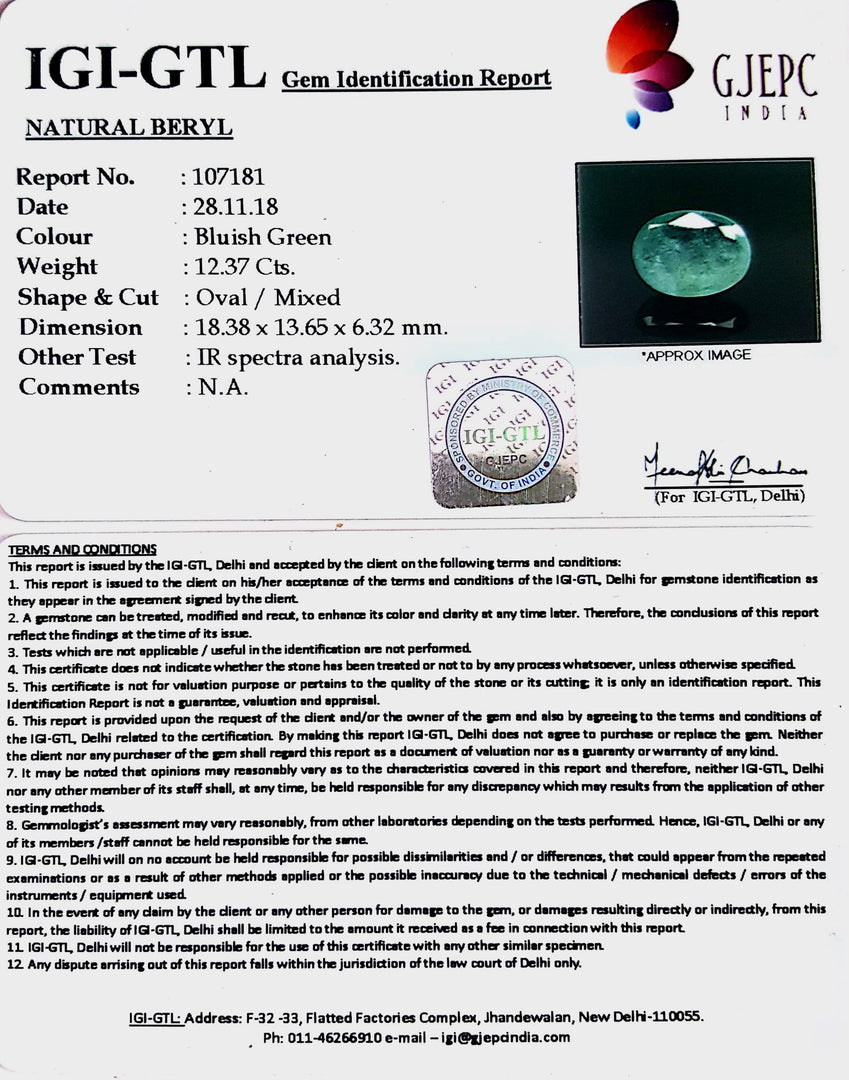 12.37/CT Natural Panna Stone with Govt. Lab Certificate-107181