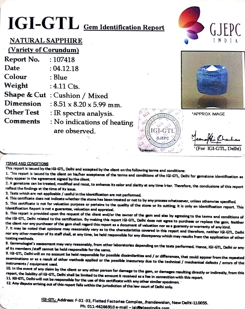 4.57 Ratti Natural Blue Sapphire with Govt Lab Certificate-(6771)