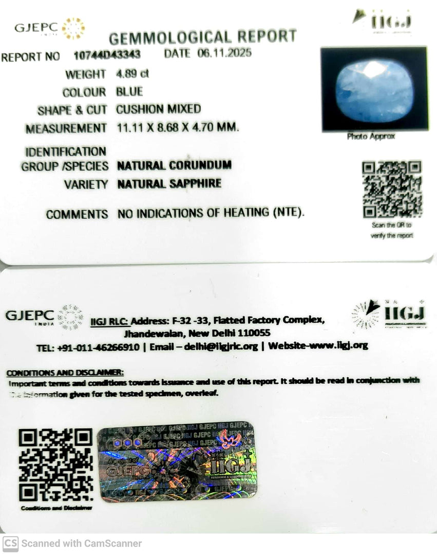 4.89/CT Natural Blue Sapphire with Govt Lab Certificate (8991)