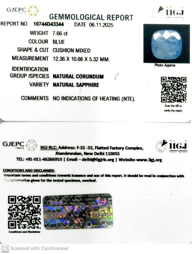 7.66/CT Natural Blue Sapphire with Govt Lab Certificate (8991)