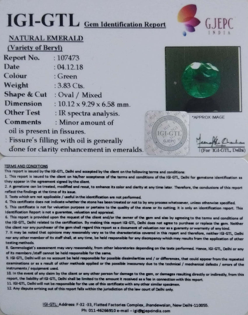 3.83/CT Natural Emerald Stone With Govt. Lab Certificate (12210)