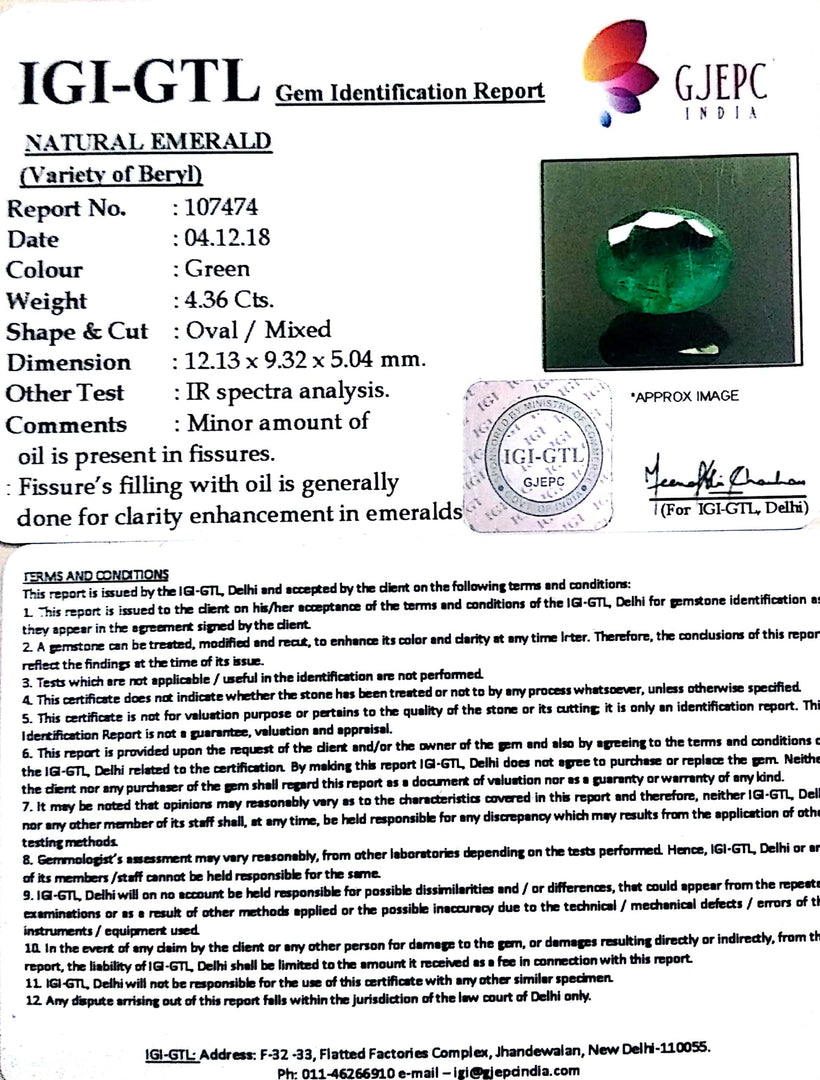 4.36/CT Natural Emerald Stone With Govt. Lab Certificate (12210)