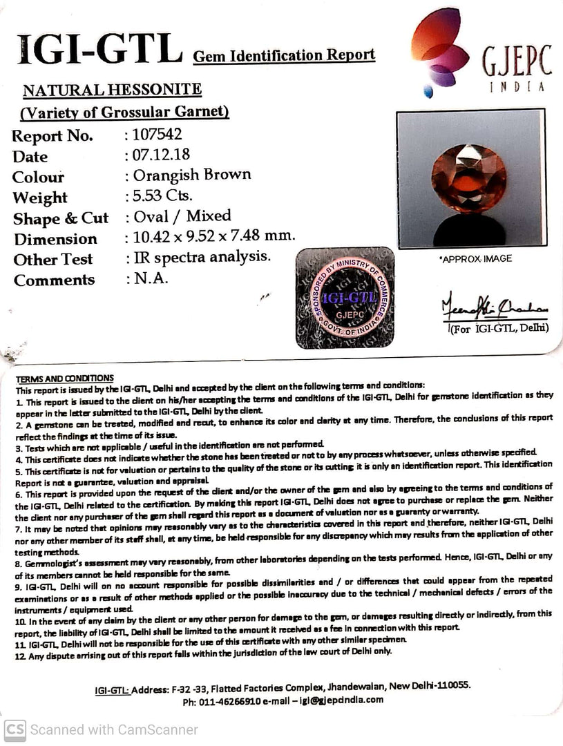 5.53/CT Natural Hessonite Stone with Govt. Lab Certificate-107542