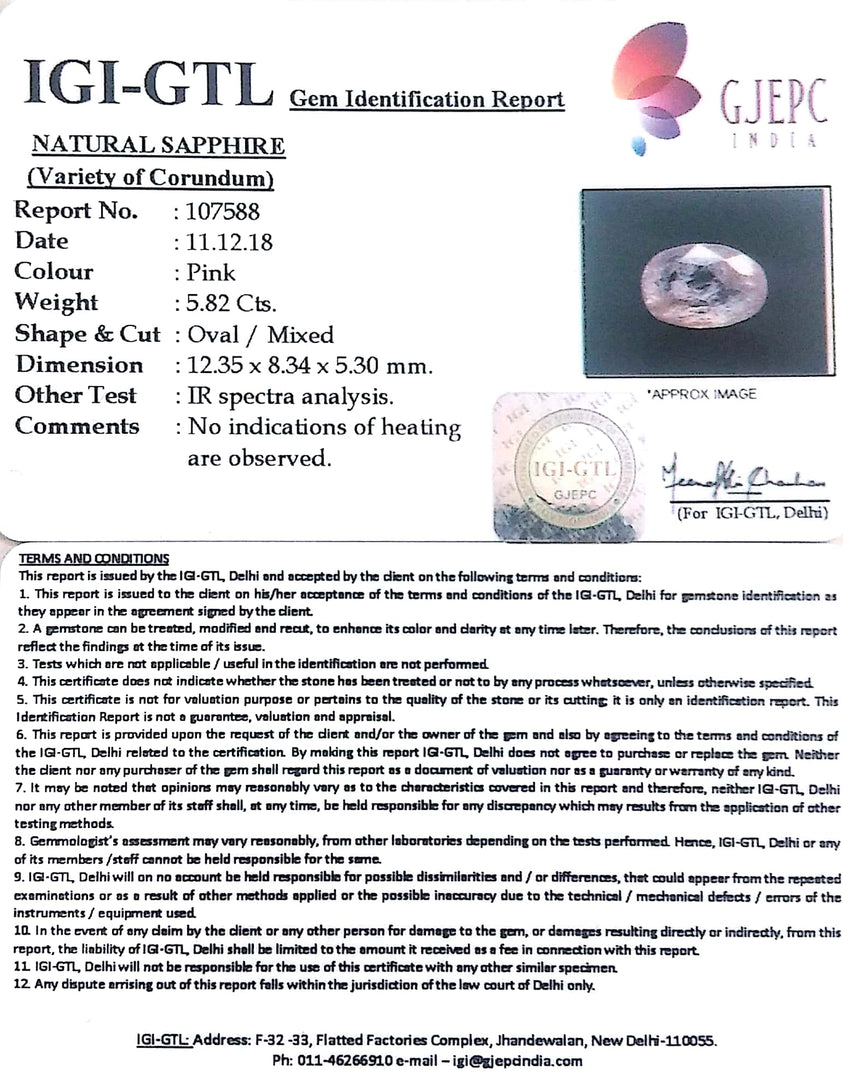 5.82/CT Natural Pink Sapphire with Govt Lab Certificate-107588
