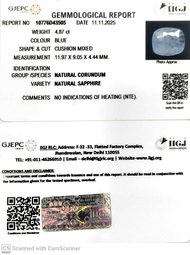 4.87/CT Natural Blue Sapphire with Govt Lab Certificate (6771)