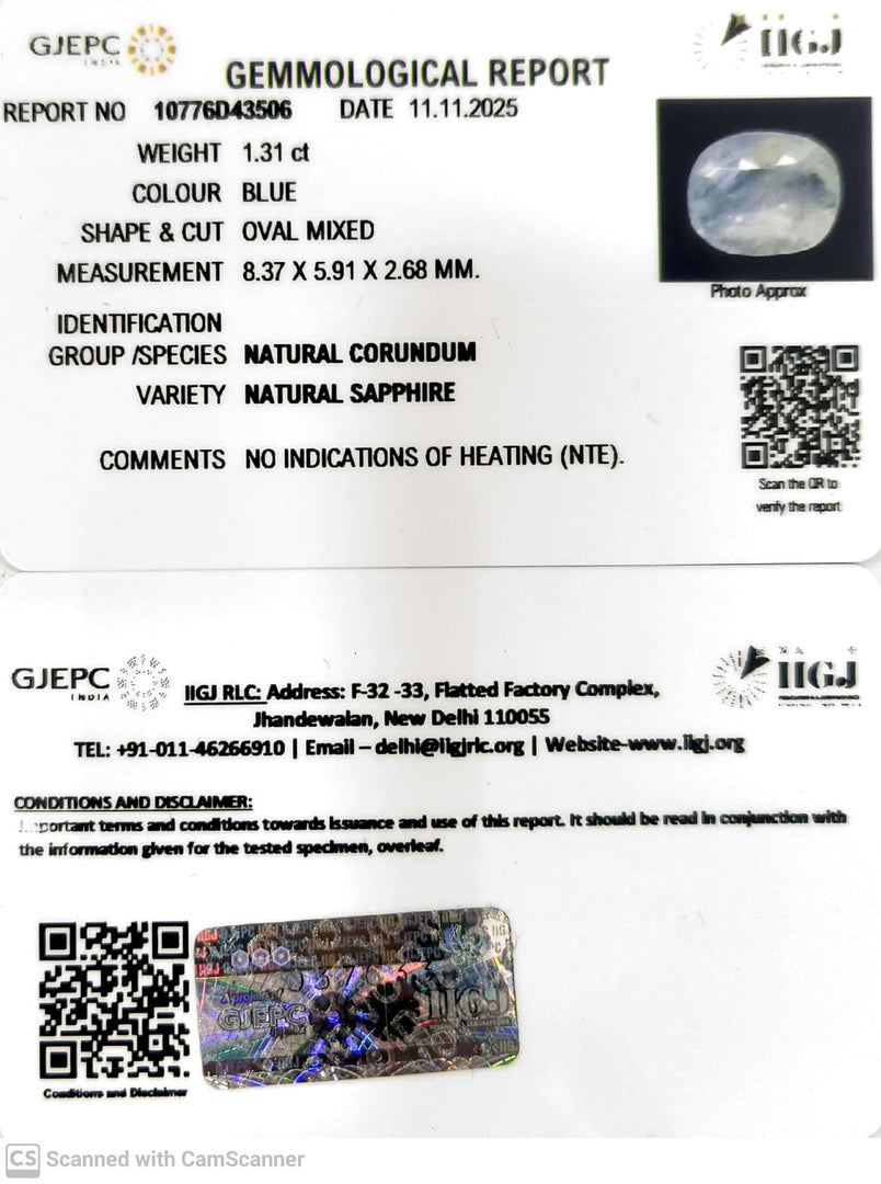1.31/CT Natural Blue Sapphire with Govt Lab Certificate (6771)