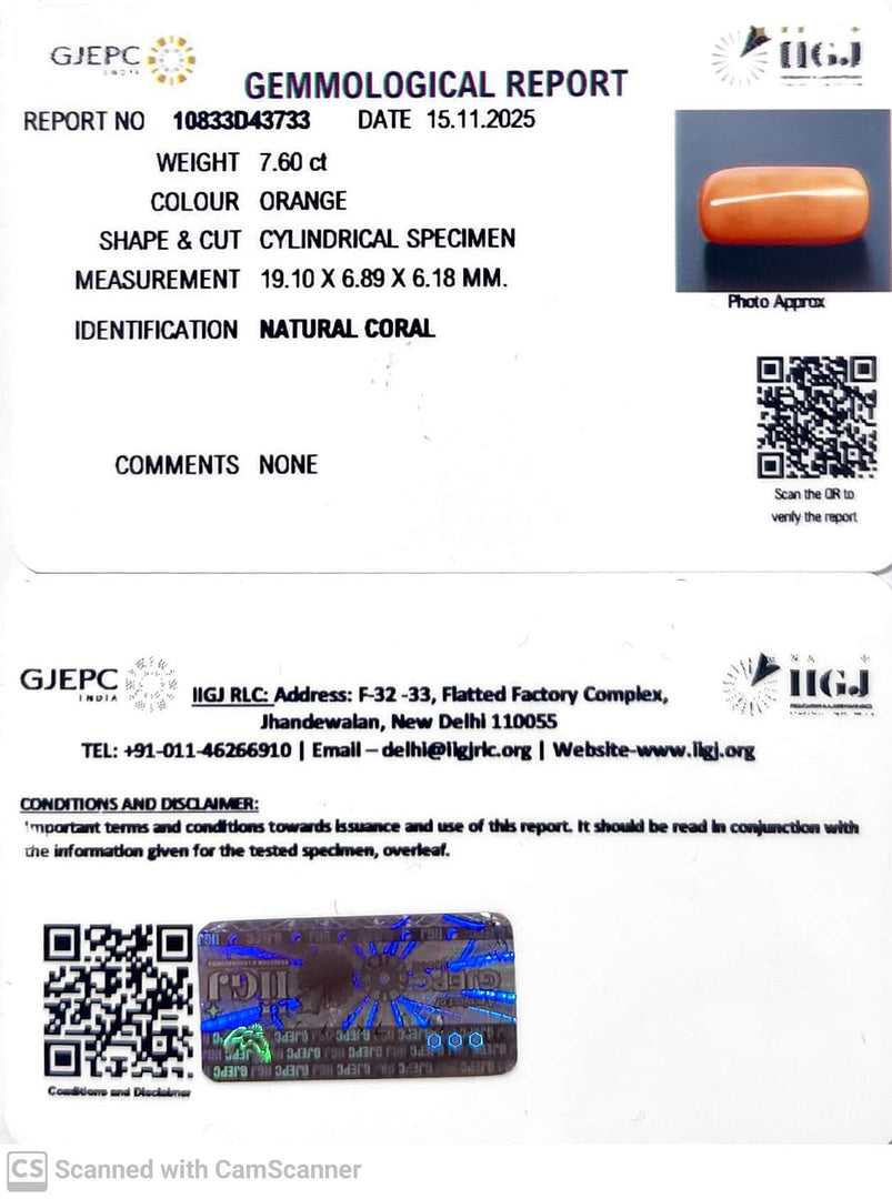 7.6/CT Natural Certified Coral Gemstone -10833D43733