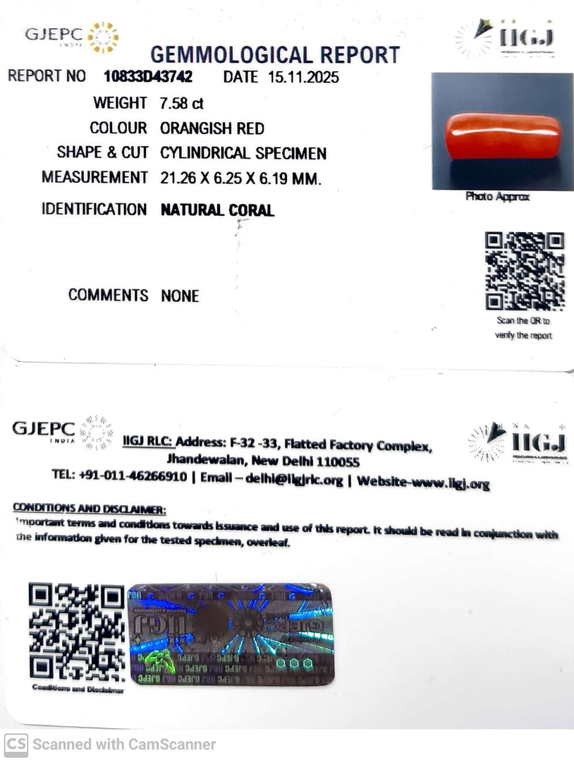 7.58/CT Natural Red Coral With Govt. Lab Certificate-10833D43742