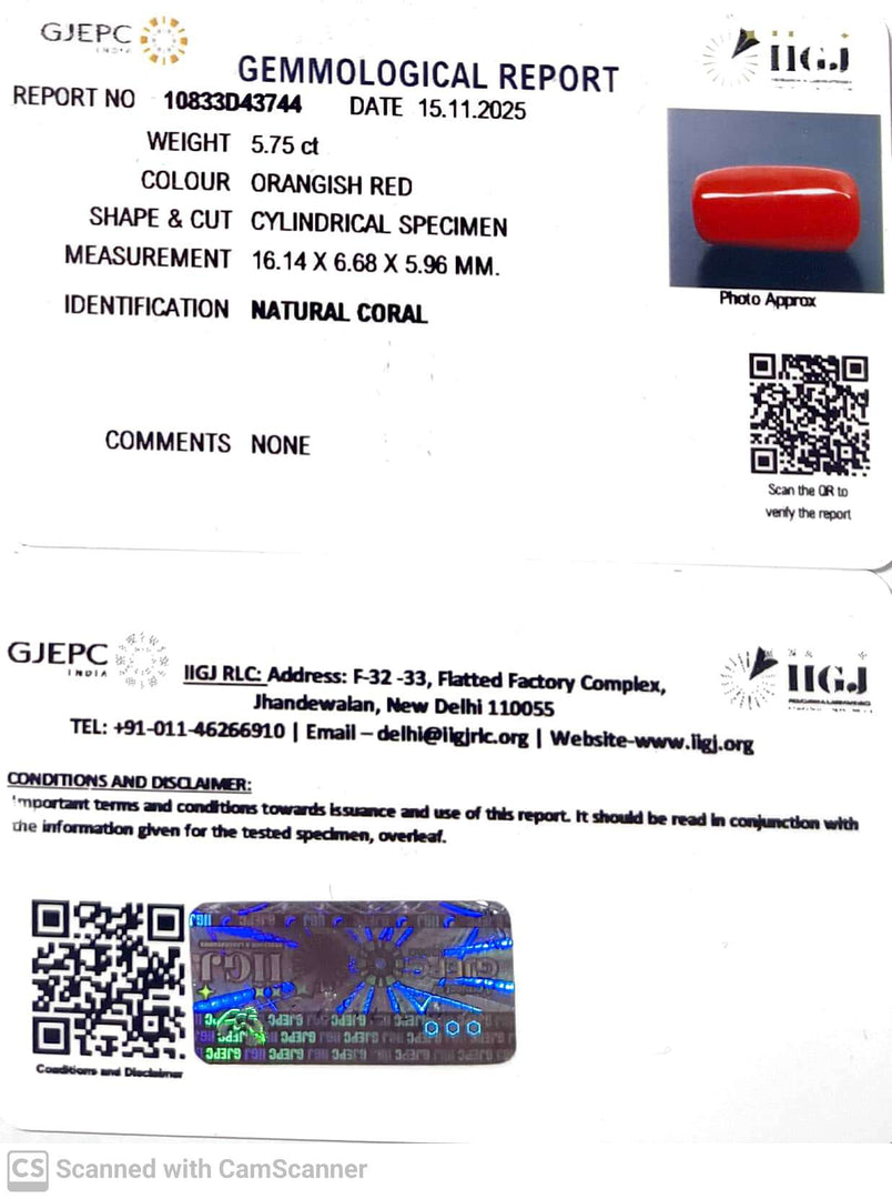 5.75/CT Natural Red Coral With Govt. Lab Certificate-10833D43744