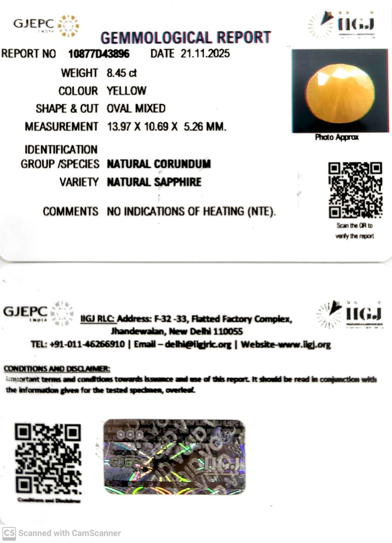8.45/CT Natural Yellow Sapphire With Govt Lab Certificate (2331)