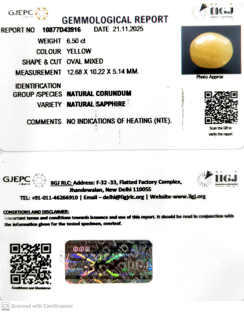 6.50/CT Natural Yellow Sapphire With Govt Lab Certificate (2331)