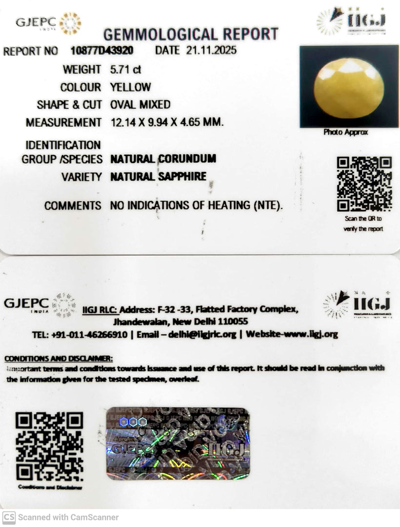 5.71/CT Natural Yellow Sapphire With Govt Lab Certificate (2331)