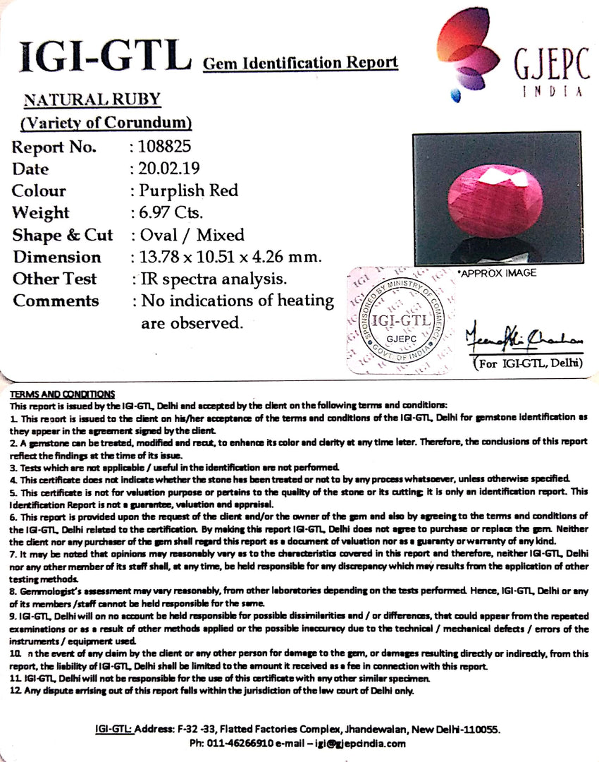 6.97/CT Natural Ruby Stone with Govt. Lab Certificate-108825