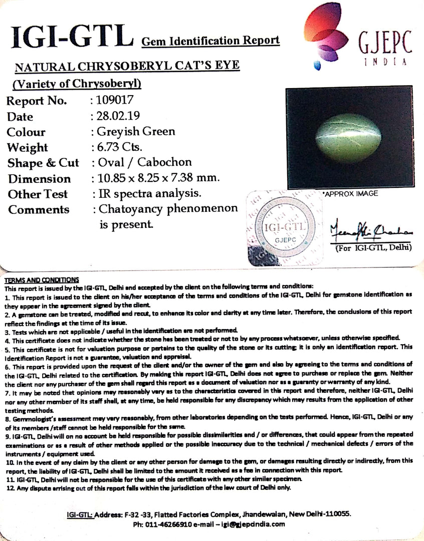 7.48 Ratti Natural Chrysoberyl Cat's Eye With Govt. Lab Certificate-(6771)