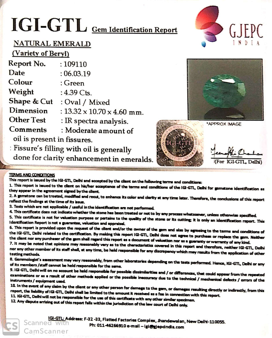 4.39/CT Natural Panna Stone With Govt. Lab Certificate (6771)