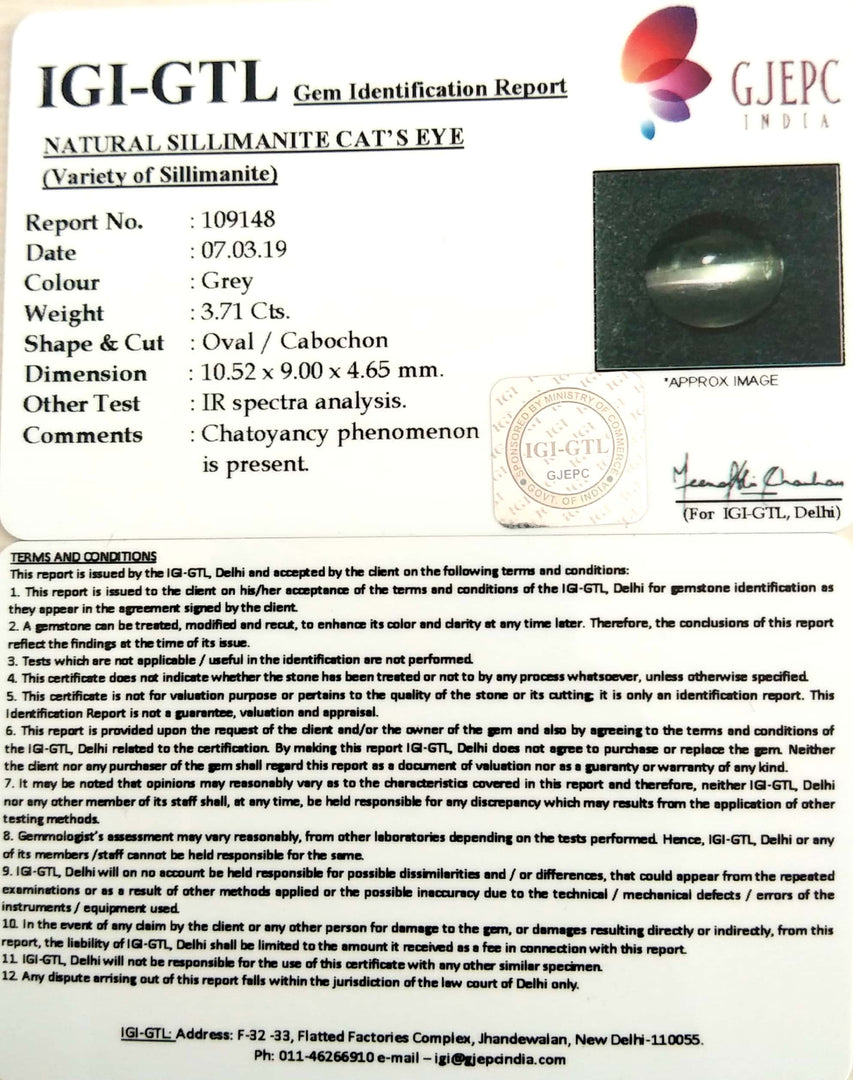 3.71/CT Natural Sillimanite Cat's Eye Stone With Govt. Lab Certificate-109148