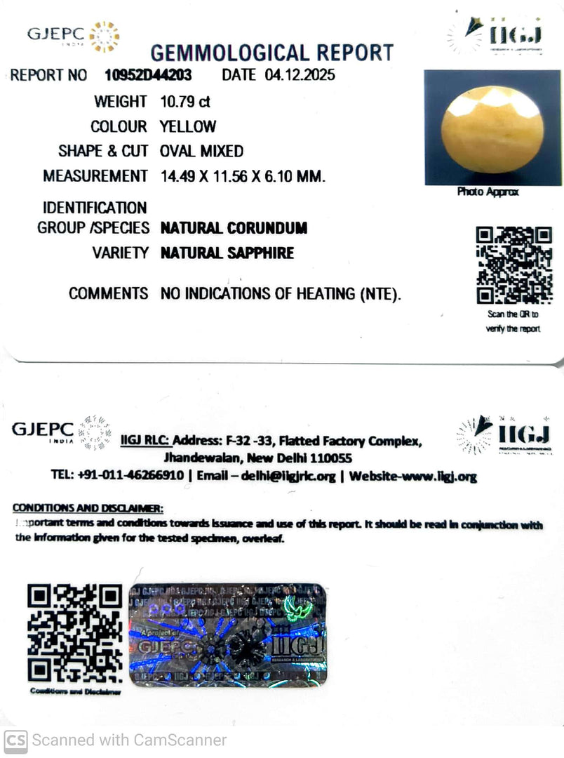 10.79/CT Natural Yellow Sapphire With Govt Lab Certificate-10952D44203