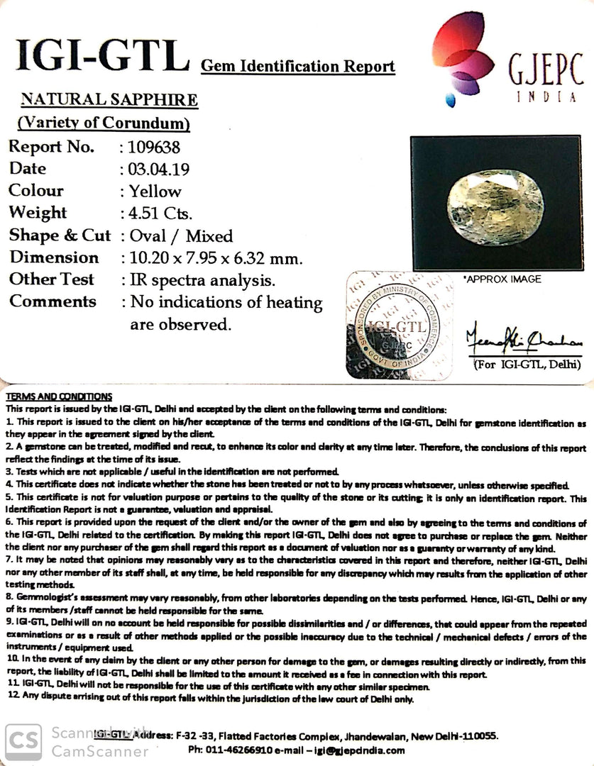4.51/CT Natural Yellow Sapphire With Govt Lab Certificate-YELSA9U