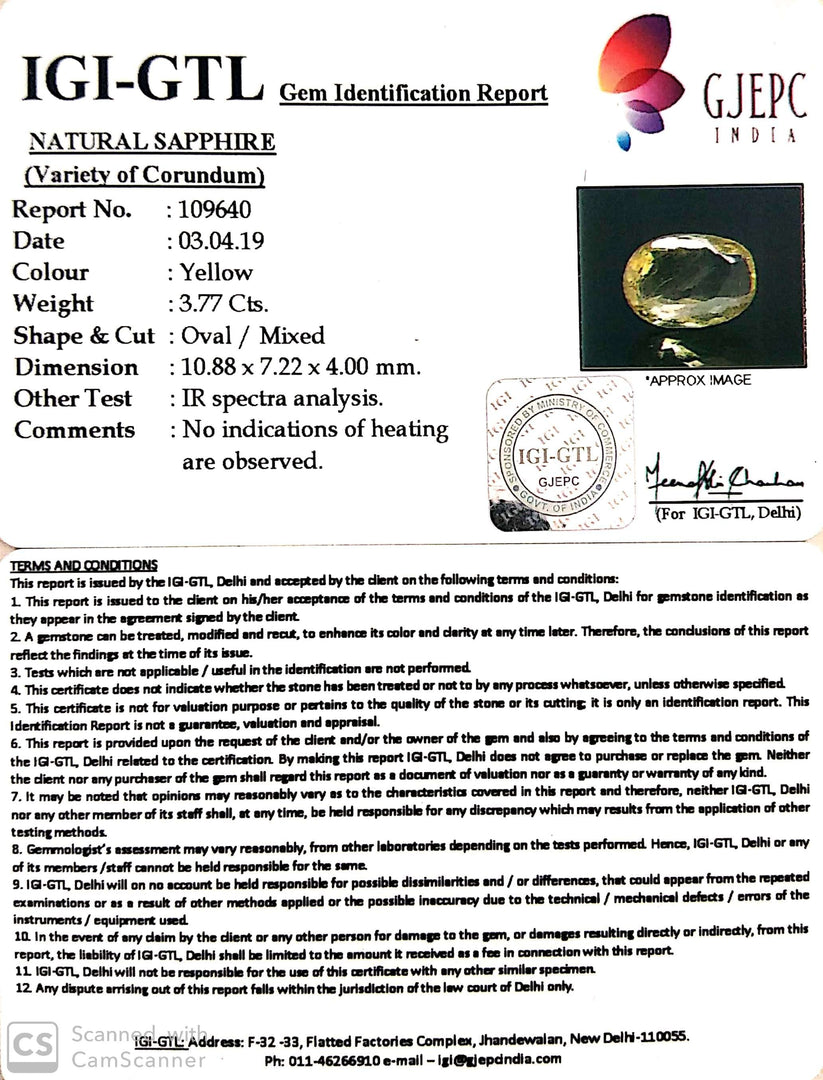 3.77/CT Natural Yellow Sapphire With Govt Lab Certificate-YELSA9V