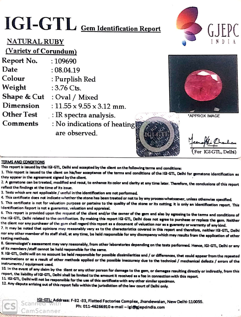 3.76/CT Natural Mozambique Ruby with Govt. Lab Certificate-RUBY9V