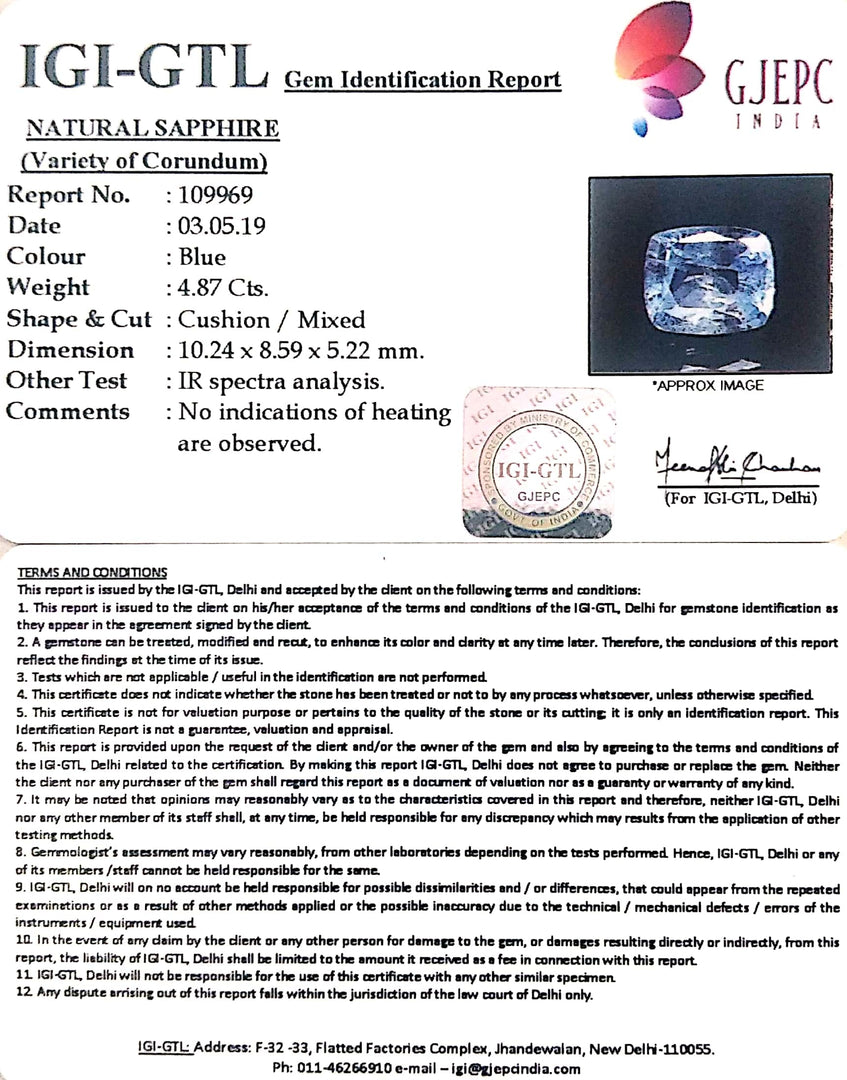 4.87/CT Natural Blue Sapphire with Govt Lab Certificate-BLUSA9W