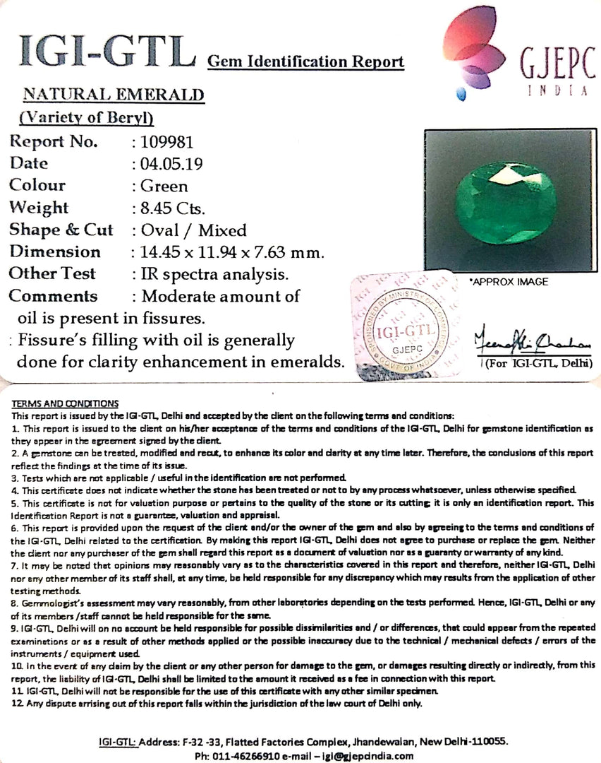 9.39 Ratti Natural Panna Stone With Govt. Lab Certificate (34410)