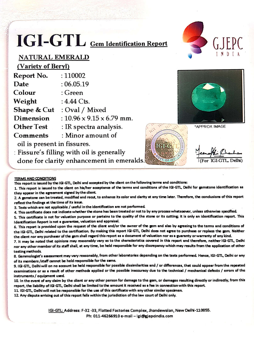 4.44/CT Natural Emerald Stone With Govt. Lab Certificate (12210)