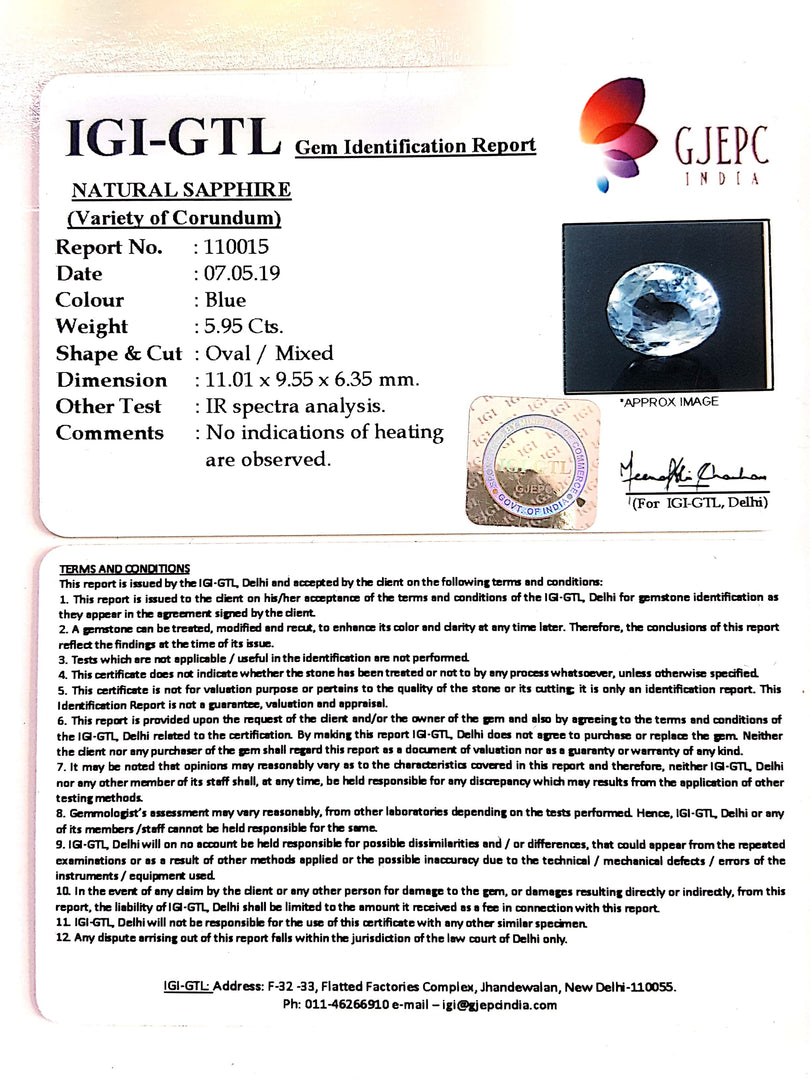 5.95/CT Natural Blue Sapphire with Govt Lab Certificate-BLUSA9V