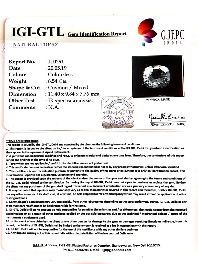 9.49 Ratti Natural White Topaz with Govt Lab Certificate - (1665)