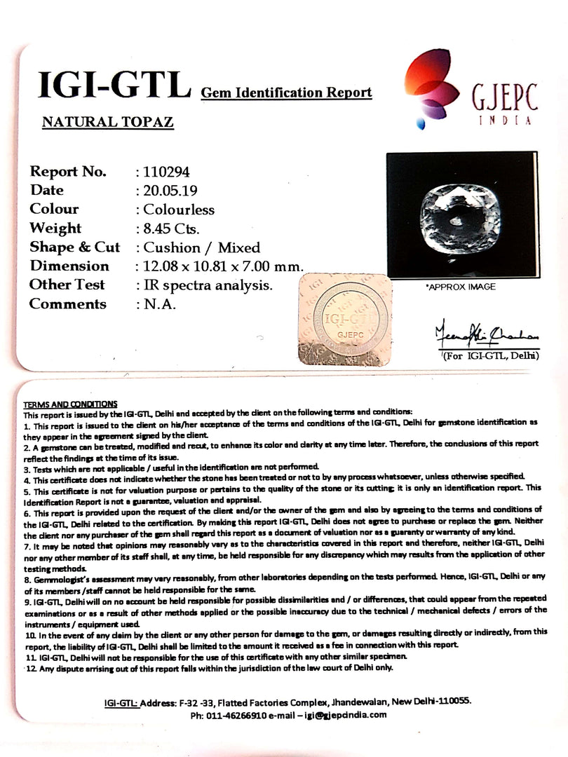 8.51 Ratti Natural White Topaz with Govt Lab Certificate - (1665)
