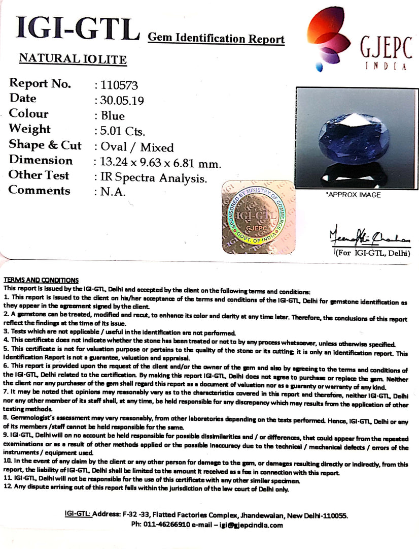 5.01/CT Natural Certified Iolite Gemstone -110573