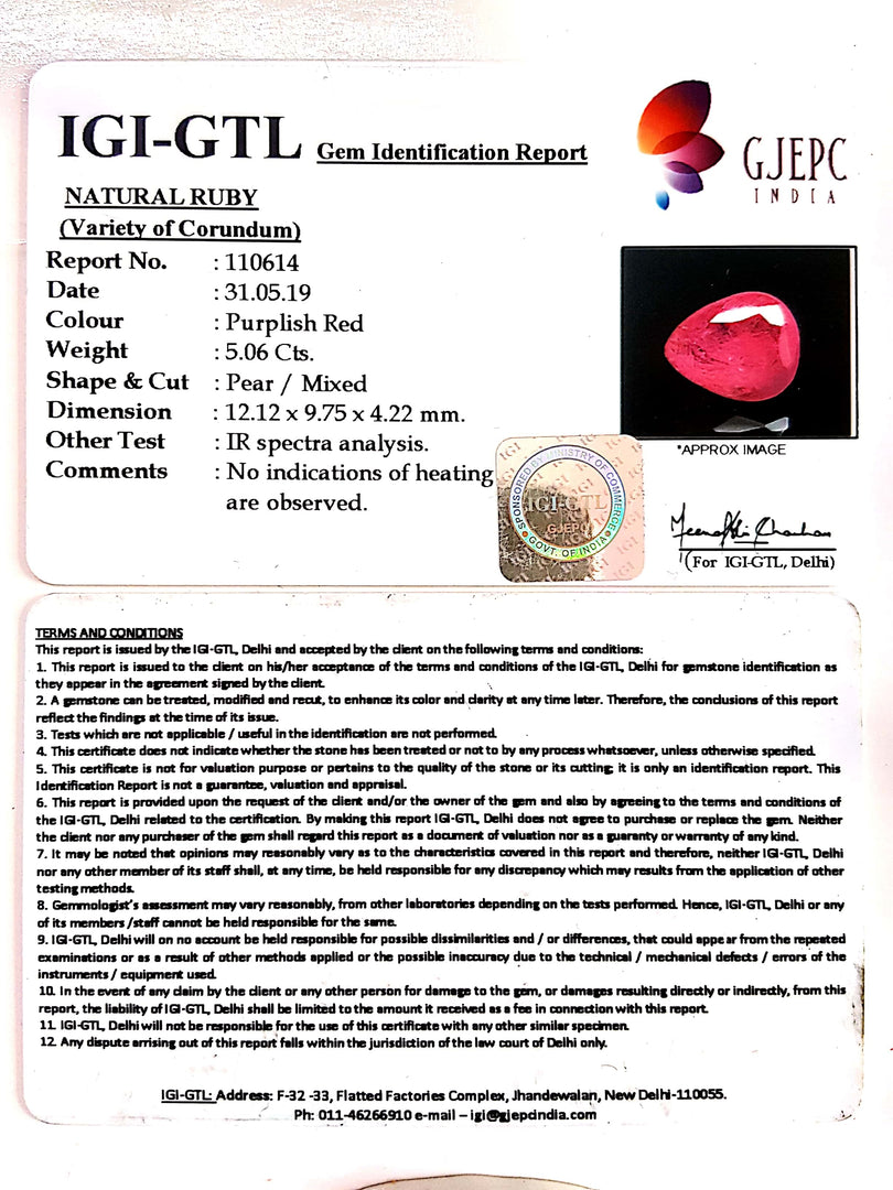 5.06/CT Natural Mozambique Ruby with Govt. Lab Certificate-(RUBY9W)