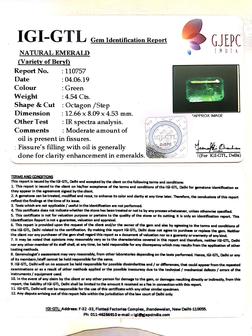 4.54/CT Natural Panna Stone With Govt. Lab Certificate (23310)