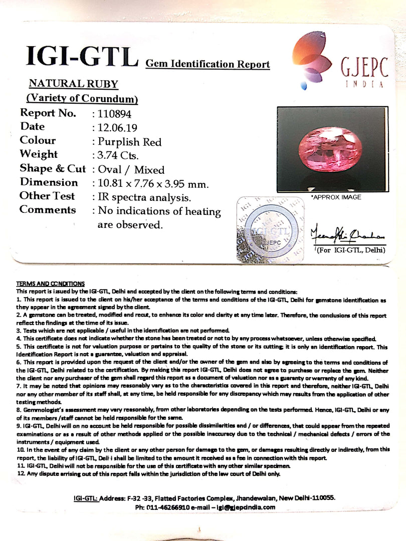 3.74 Carat Natural Mozambique Ruby with Govt. Lab Certificate-(RUBY9A)