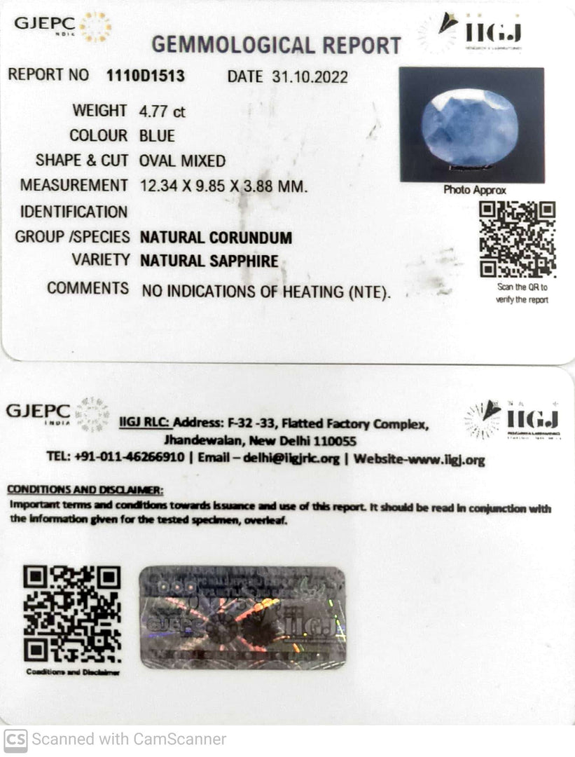 4.77/CT Natural Blue Sapphire with Govt Lab Certificate-1110D1513