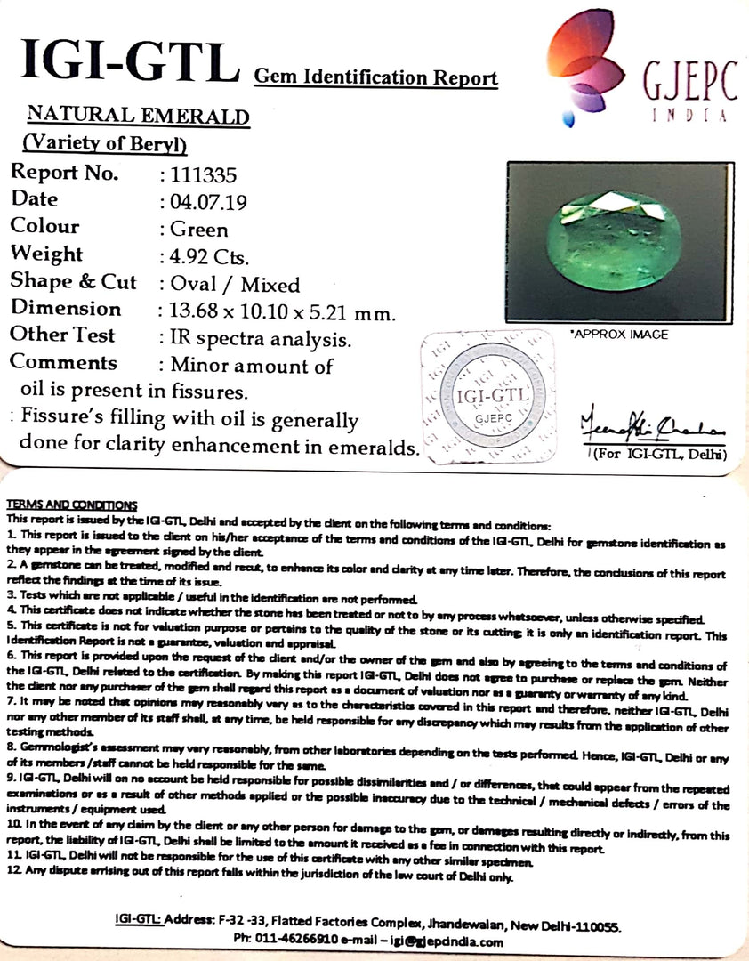 5.47 Ratti Natural Panna Stone With Govt. Lab Certificate (23310)