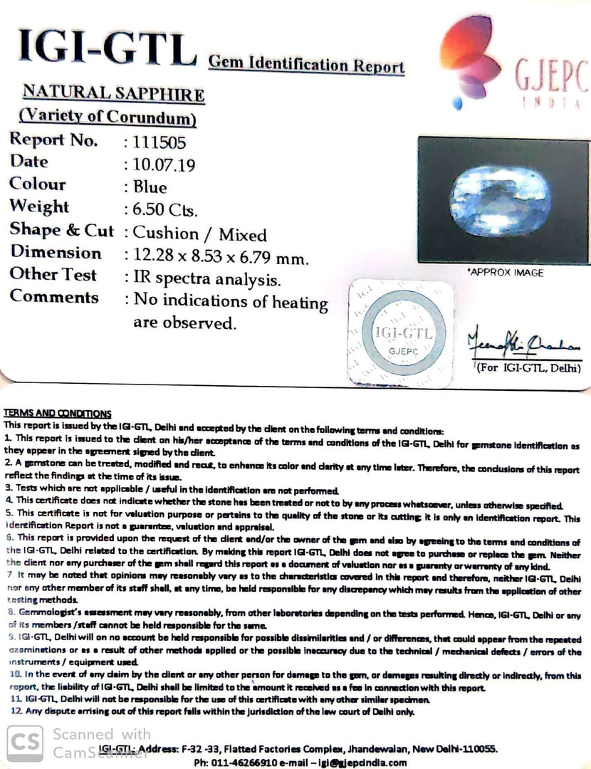 6.50/CT Natural Blue Sapphire with Govt Lab Certificate-BLUSA9W
