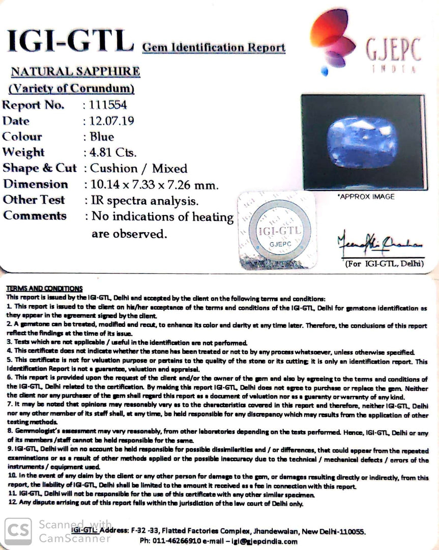 4.81/CT Natural Blue Sapphire with Govt Lab Certificate-BLUSA9W