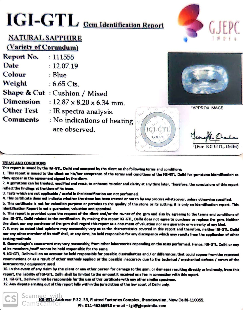 6.65/CT Natural Blue Sapphire with Govt Lab Certificate-BLUSA9U