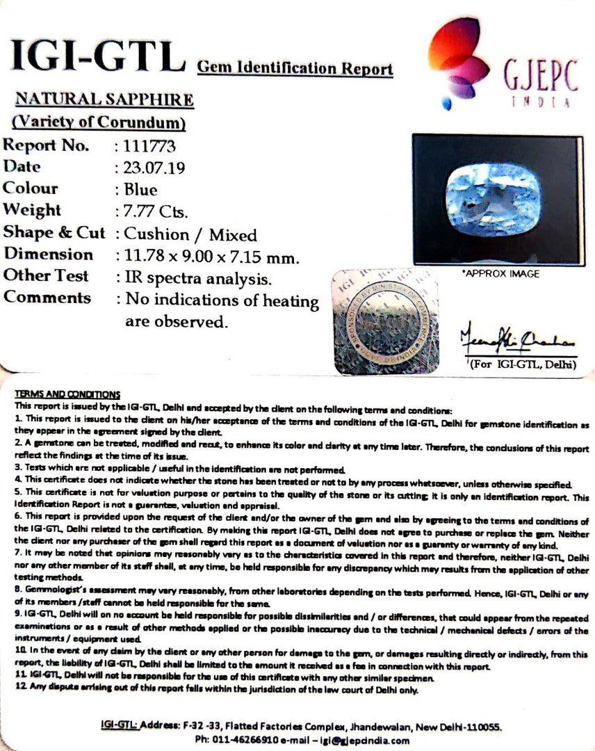 7.77/CT Natural Blue Sapphire with Govt Lab Certificate-BLUSA9W