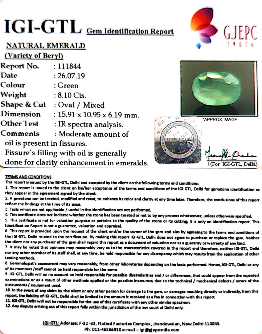 8.10/CT Natural Panna Stone With Govt. Lab Certificate (8991)